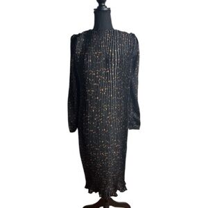 NOTE Black Pleated Polka Dot Midi Dress Long Sleeve Shift Style Sz XS